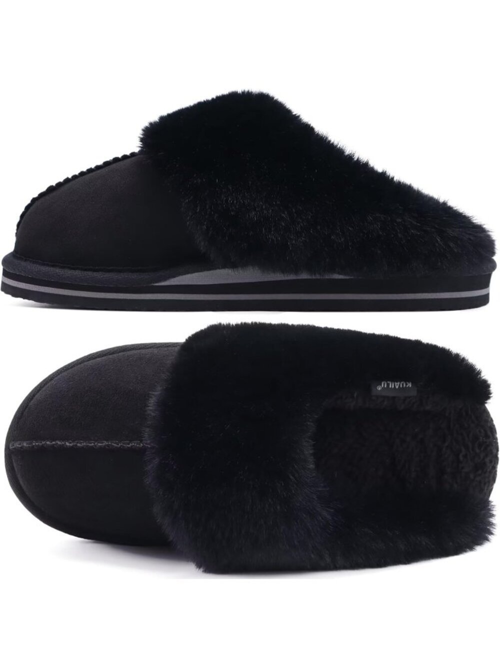 Womens Dark Black Cozy Memory Comfy Winter Scuff Indoor Outdoor Rubber Hard Sole